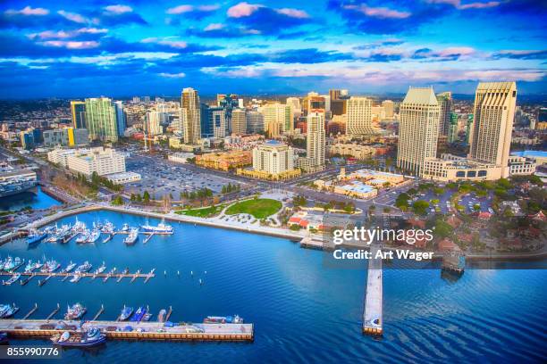 downtown san diego skyline aerial - san diego bay stock pictures, royalty-free photos & images