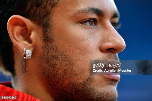 Neymar Jr of Paris Saint-Germain reacts during warmup before the Ligue 1 match between Paris Saint Germain and FC Girondins de Bordeaux at Parc des...