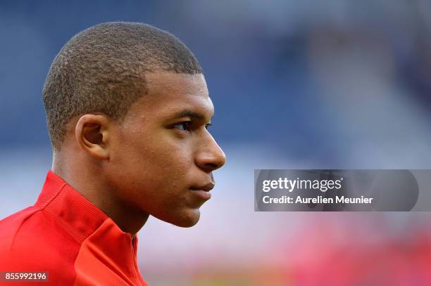 Kylian Mbappe of Paris Saint-Germain reacts during warmup before the Ligue 1 match between Paris Saint Germain and FC Girondins de Bordeaux at Parc...