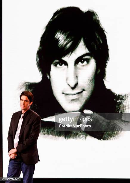 Siri Inc. Co-founder and formerly a director of engineering in the iPhone group at Apple Adam Cheyer is seen next to young Steve Jobs portrait during...