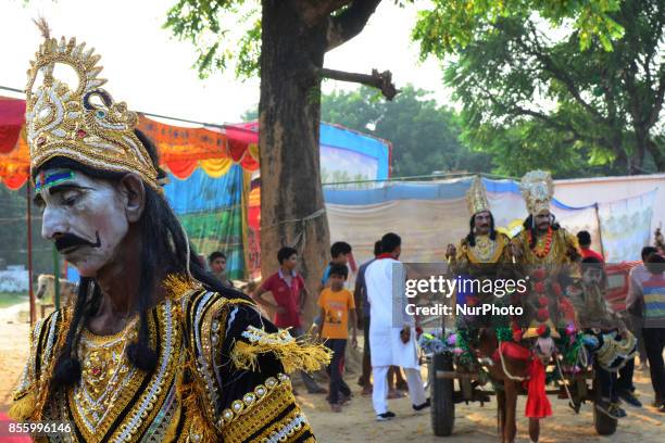 Indian artists,dressed as Demon characters,perform during traditional Ramleela,a play narrating the life of Hindu God Ram,on ocassion of Dussehra...