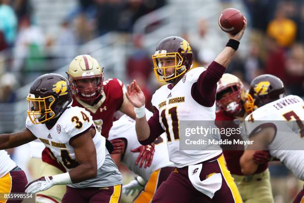 Shane Morris of the Central Michigan Chippewas makes a pass against the Boston College Eagles during the second half at Alumni Stadium on September...