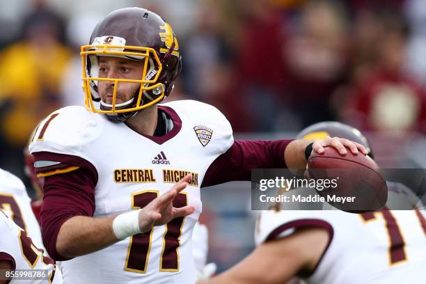 Shane Morris of the Central Michigan Chippewas makes a pass against the Boston College Eagles during the second half at Alumni Stadium on September...