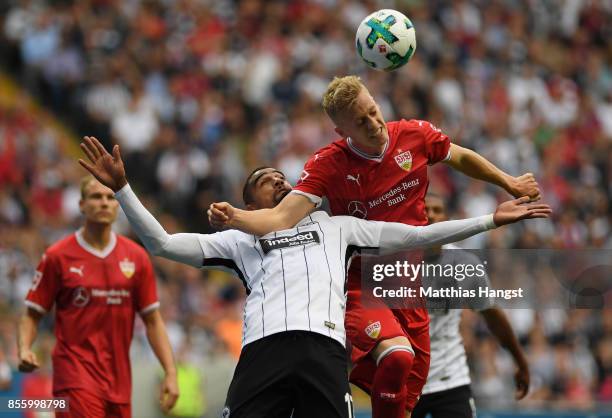 Kevin Prince-Boateng of Frankfurt fights for the ball with Timo Baumgartl of Stuttgart during the Bundesliga match between Eintracht Frankfurt and...