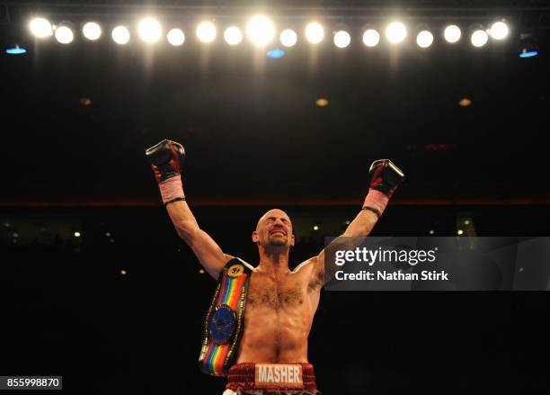 Sean Dodd celebrates after beating Tom Stalker during the Battle on the Mersey Commonwealth Lightweight Championship fight at Echo Arena on September...