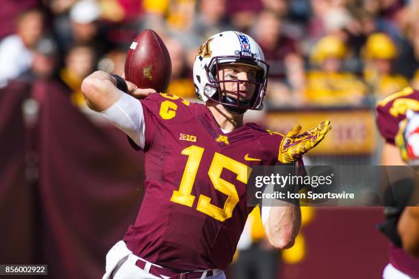 Minnesota Golden Gophers quarterback Conor Rhoda throws a pass during the Big Ten Conference game between the Maryland Terrapins and the Minnesota...
