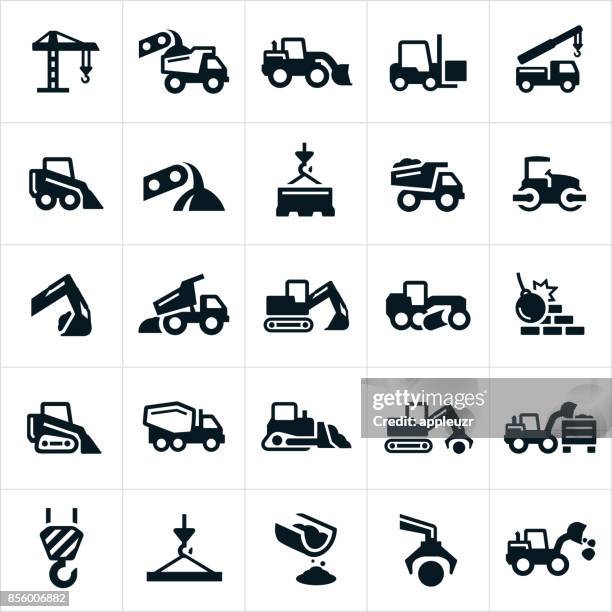 ilustraciones, imágenes clip art, dibujos animados e iconos de stock de iconos de equipo pesado - construction machinery