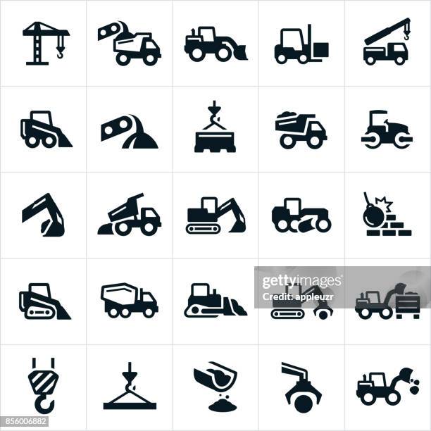 stockillustraties, clipart, cartoons en iconen met zware apparatuur pictogrammen - bouwmachines