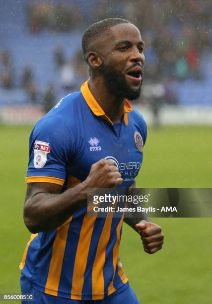 Abu Ogogo of Shrewsbury Town celebrates at full time after the Sky Bet League One match between Shrewsbury Town and Scunthorpe United at New Meadow...