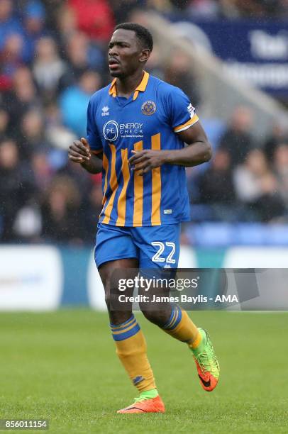 Aristote Nsiala of Shrewsbury Town during the Sky Bet League One match between Shrewsbury Town and Scunthorpe United at New Meadow on September 30,...