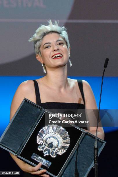 Anahi Berneri receives the 'Concha de Plara' Award for the Alanis film during 65th San Sebastian Film Festival at Kursaal on September 30, 2017 in...