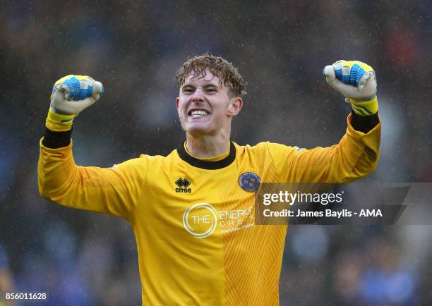 Dean Henderson of Shrewsbury Town celebrates at full time after the Sky Bet League One match between Shrewsbury Town and Scunthorpe United at New...