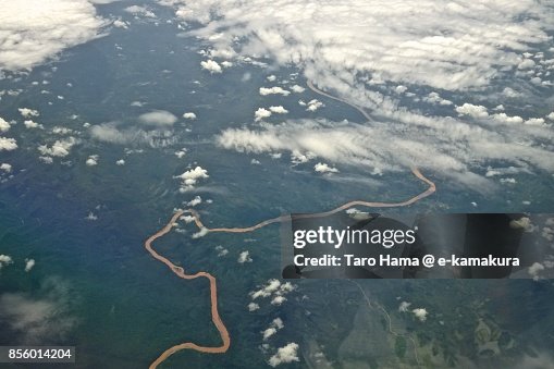 Kong River in Sekong in Laos daytime aerial view from airplane Kong River in Sekong in Laos daytime aerial view from airplane