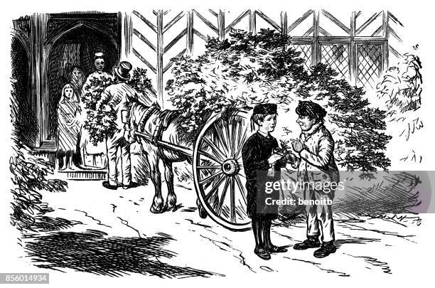 selling the mistletoe - horse and cart deliver stock illustrations