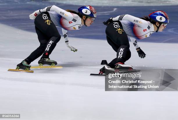 Hee Suk Shim of Korea and Jeong Min Choiu of Korea skate during the Audi ISU World Cup Short Track Speed Skating at Bok Hall on September 30, 2017 in...