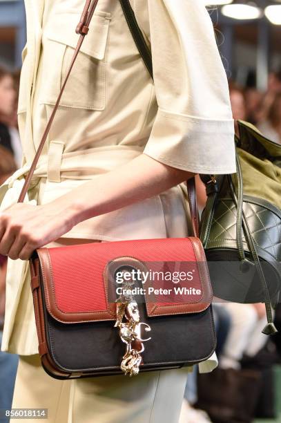 Model, bag detail, walks the runway during the Carven show as part of the Paris Fashion Week Womenswear Spring/Summer 2018 on September 28, 2017 in...