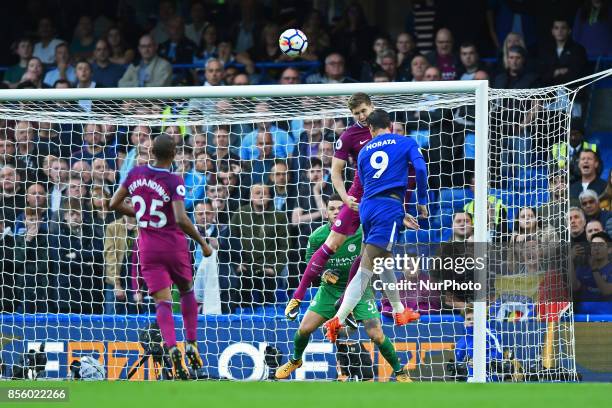 Chelsea Forward Alvaro Morata heads at goal during the Premier League match between Chelsea and Manchester City at Stamford Bridge, London, England...