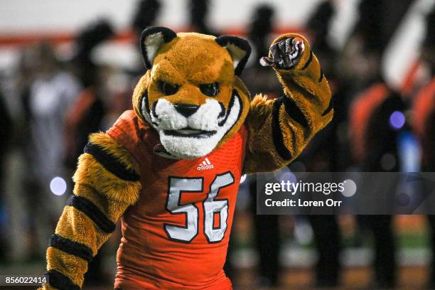 Benny, the Idaho State Bengals mascot, performs during first half action between the Cal Poly Mustangs and the Idaho State Bengals on September 30,...