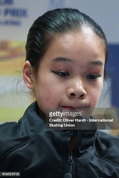 Kaitlyn Nguyen of United States look on at the kiss and cry in the Junior Ladies Free Skating Program during day four of the ISU Junior Grand Prix of...