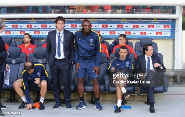 Maxwell, Zoumana Camara, Juan Carlos Carcedo and Unai Emery of Paris Saint-Germain during the Ligue 1 match between Paris Saint-Germain and FC...