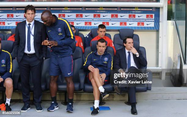 Maxwell, Zoumana Camara, Juan Carlos Carcedo and Unai Emery of Paris Saint-Germain during the Ligue 1 match between Paris Saint-Germain and FC...