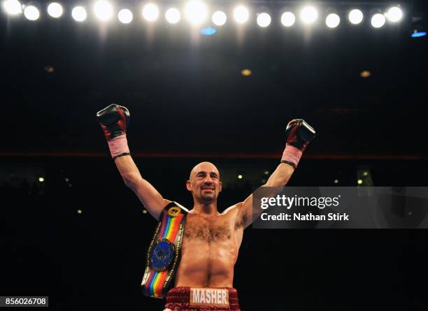 Sean Dodd celebrates after beating Tom Stalker during the Battle on the Mersey Commonwealth Lightweight Championship fight at Echo Arena on September...