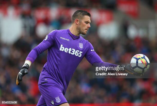 Jack Butland of Stoke City during the Premier League match between Stoke City and Southampton at Bet365 Stadium on September 30, 2017 in Stoke on...