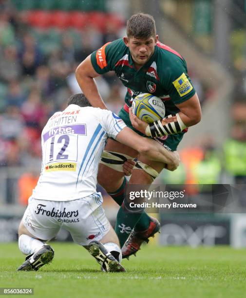 Mike Williams of Leicester Tigers and Ian Whitten of Exeter Chiefs during the Aviva Premiership match between Leicester Tigers and Exeter Chiefs at...