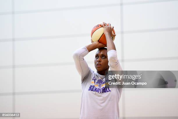 Sandrine Gruda of the Los Angeles Sparks shoots the ball during practice at the Galen Center during the WNBA Finals in Los Angeles, California on...