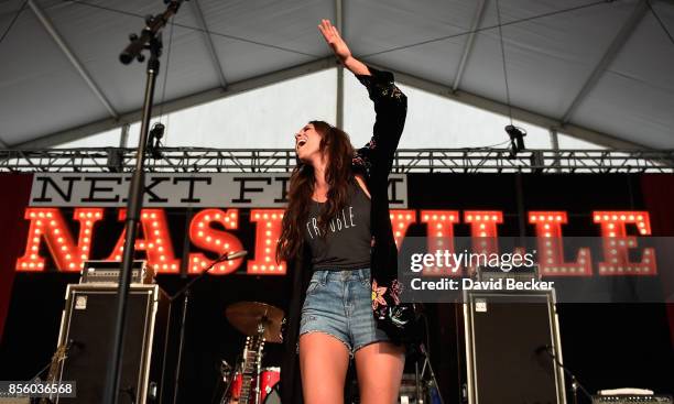 Recording artist Kelleigh Bannen performs during the Route 91 Harvest country music festival at the Las Vegas Village on September 30, 2017 in Las...