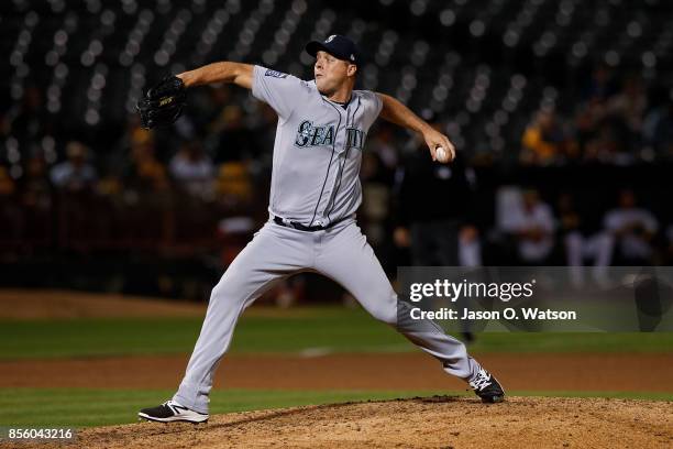 Andrew Albers of the Seattle Mariners pitches against the Oakland Athletics during the seventh inning at the Oakland Coliseum on September 25, 2017...