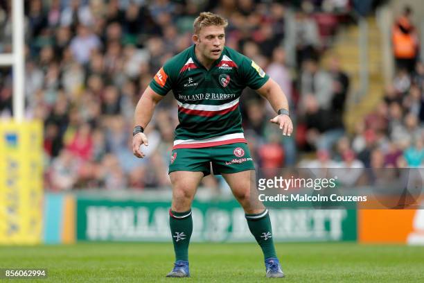 Tom Youngs of Leicester Tigers during the Aviva Premiership game between Leicester Tigers and Exeter Chiefs at Welford Road on September 30, 2017 in...