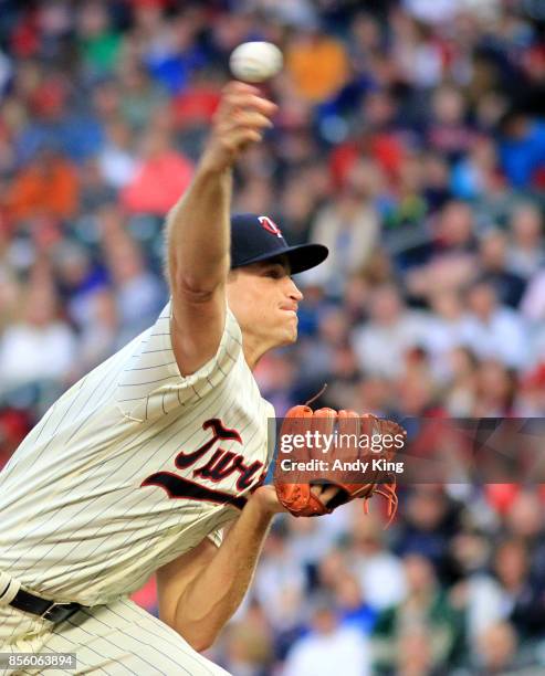 Aaron Slegers of the Minnesota Twins throws to the Detroit Tigers in the first inning during of their baseball game on September 30 at Target Field...