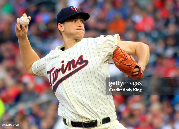 Aaron Slegers of the Minnesota Twins throws to the Detroit Tigers in the first inning during of their baseball game on September 30 at Target Field...