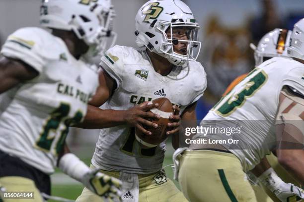 Quarterback Khaleel Jenkins of the Cal Poly Mustangs running during second half action against the Idaho State Bengals on September 30, 2017 at Holt...