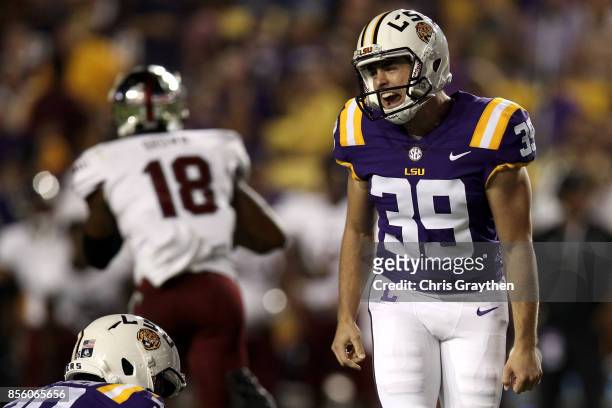 Jack Gonsoulin of the LSU Tigers reacts after a missed field goal against the Troy Trojans at Tiger Stadium on September 30, 2017 in Baton Rouge,...
