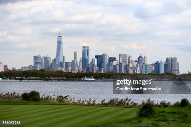 New York City Skyline from the 10th tee during the second round of The Presidents Cup on September 29 at Liberty National Golf Club in Jersey City,...