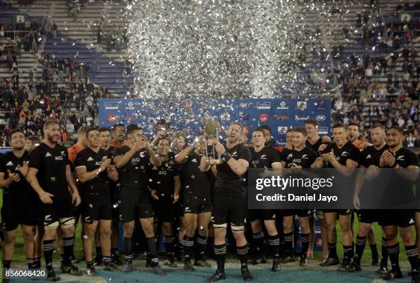 Kieran Read of New Zealand holds up the trophy after winning a match between Argentina and New Zealand as part of Rugby Championship 2017 at Jose...