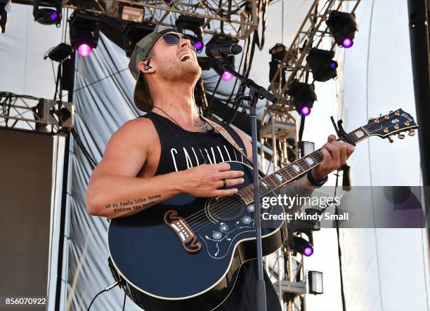 Recording artist Brett Young performs during the Route 91 Harvest country music festival at the Las Vegas Village on September 30, 2017 in Las Vegas,...