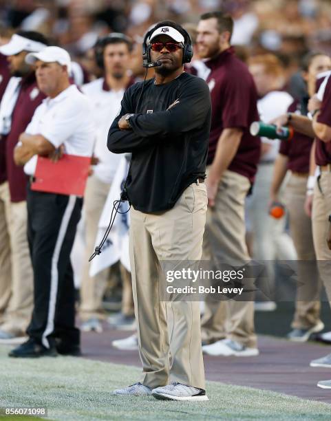 Head coach Kevin Sumlin of the Texas A&M Aggies looks on in the first half against the South Carolina Gamecocks at Kyle Field on September 30, 2017...