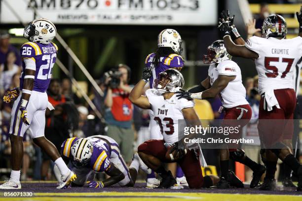 Josh Anderson of the Troy Trojans reacts after scoring a touchdown against the LSU Tigers at Tiger Stadium on September 30, 2017 in Baton Rouge,...