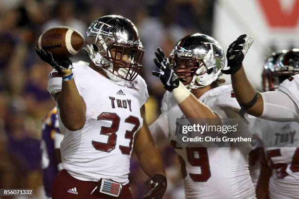 Josh Anderson of the Troy Trojans reacts after scoring a touchdown against the LSU Tigers at Tiger Stadium on September 30, 2017 in Baton Rouge,...