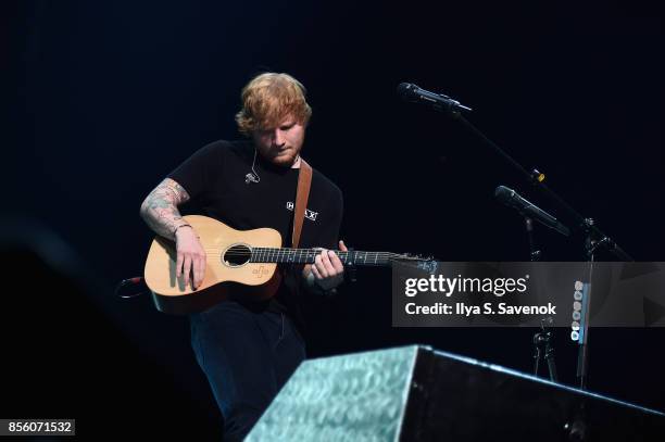 Musician Ed Sheeran performs on stage at Barclays Center of Brooklyn on September 30, 2017 in New York City.