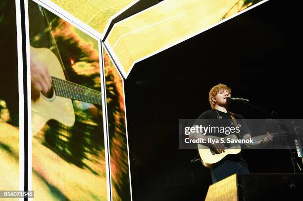 Musician Ed Sheeran performs on stage at Barclays Center of Brooklyn on September 30, 2017 in New York City.