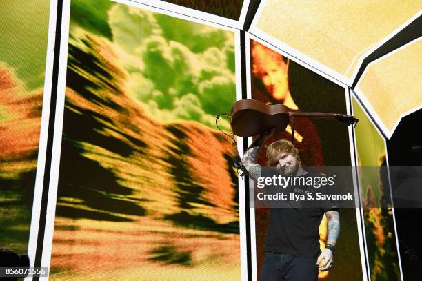 Musician Ed Sheeran performs on stage at Barclays Center of Brooklyn on September 30, 2017 in New York City.