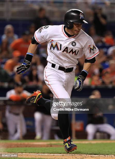 Ichiro Suzuki of the Miami Marlins grounds out in the seventh inning during a game against the Atlanta Braves at Marlins Park on September 30, 2017...