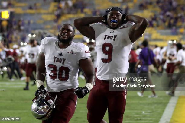 Members of the Troy Trojans celebrate after defeating the LSU Tigers 24-21 at Tiger Stadium on September 30, 2017 in Baton Rouge, Louisiana.