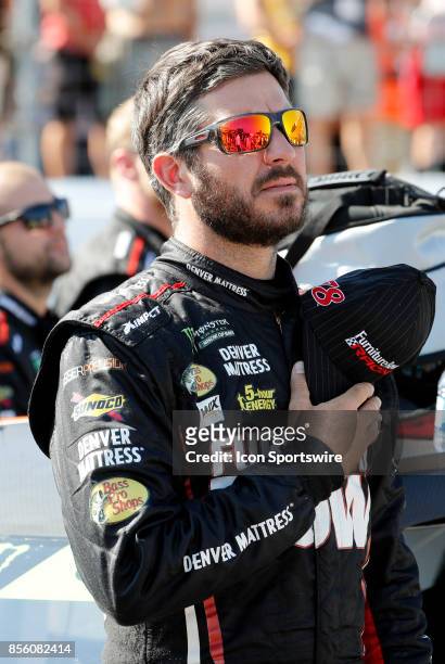 Martin Truex Jr, Monster Energy NASCAR Cup Series driver of the Furniture Row / Denver Mattress Toyota , during the national anthem before the...