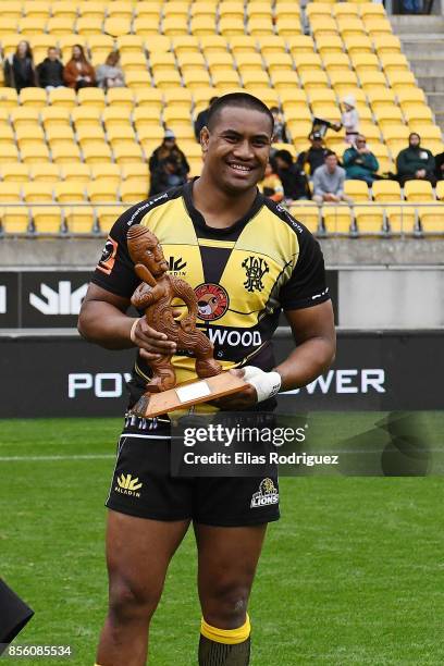 Julian Savea of Wellington with the Mike Gibson Trophy during the round seven Mitre 10 Cup match between Wellington and Otago on October 1, 2017 in...