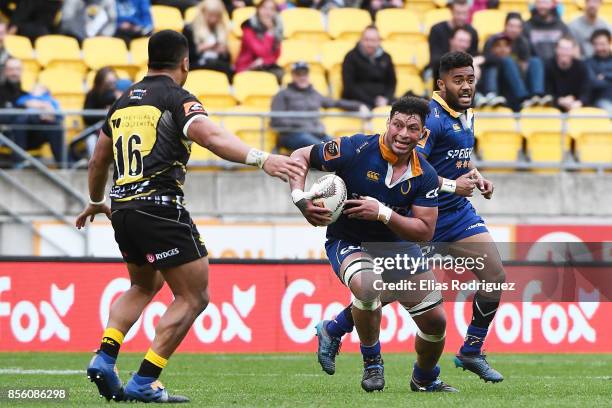 Mika Mafi of Otago looks to get past Asafo Aumua of Wellington during the round seven Mitre 10 Cup match between Wellington and Otago on October 1,...